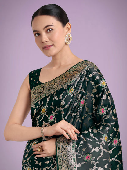 Dhiyona MJ Dark Green Zari Woven Banarasi Classic Satin Silk Saree