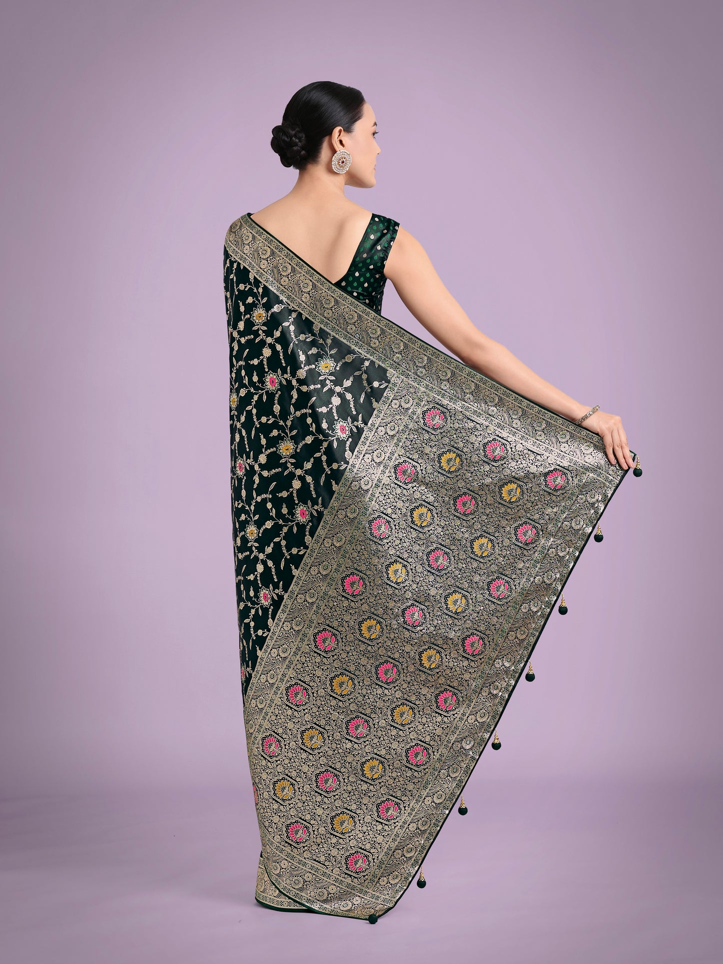 Dhiyona MJ Dark Green Zari Woven Banarasi Classic Satin Silk Saree