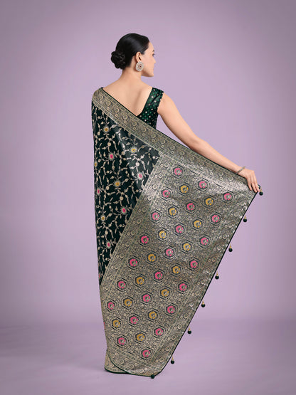 Dhiyona MJ Dark Green Zari Woven Banarasi Classic Satin Silk Saree