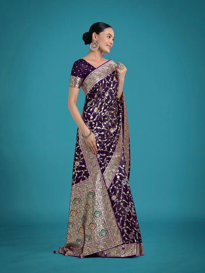 Dhiyona MJ Dark Purple Zari Woven Banarasi Classic Satin Silk Saree