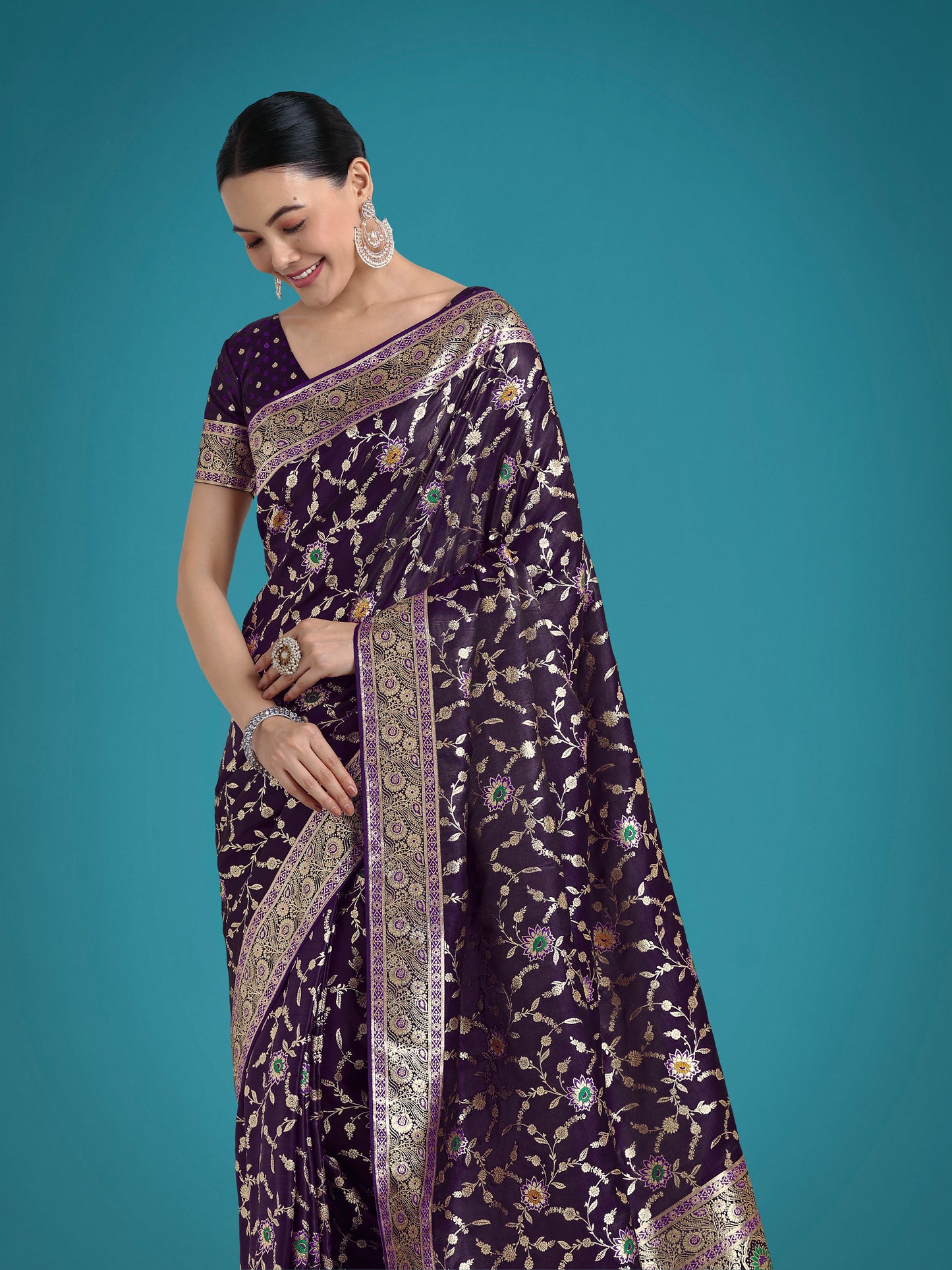 Dhiyona MJ Dark Purple Zari Woven Banarasi Classic Satin Silk Saree