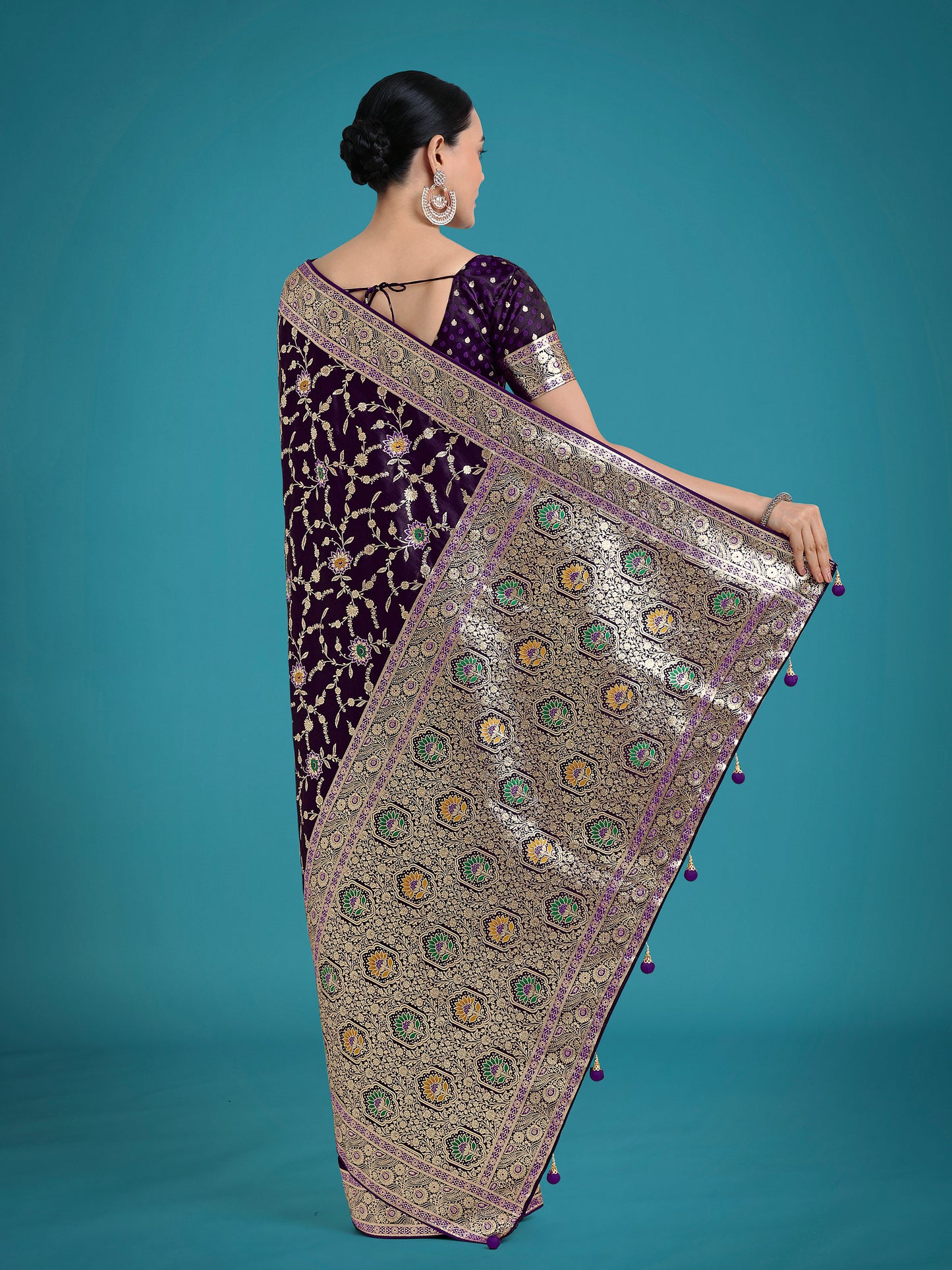 Dhiyona MJ Dark Purple Zari Woven Banarasi Classic Satin Silk Saree