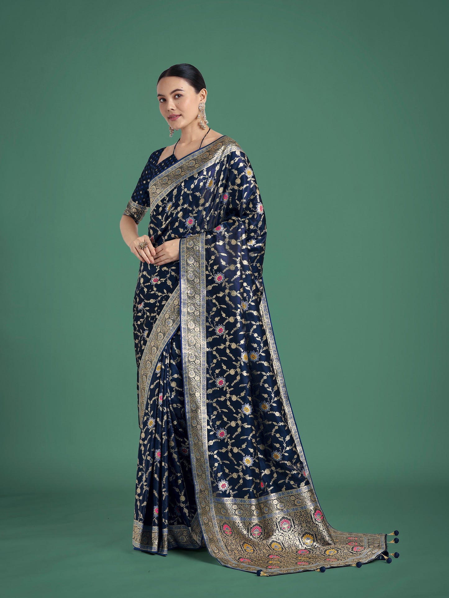 Dhiyona MJ Dark Blue Zari Woven Banarasi Classic Satin Silk Saree
