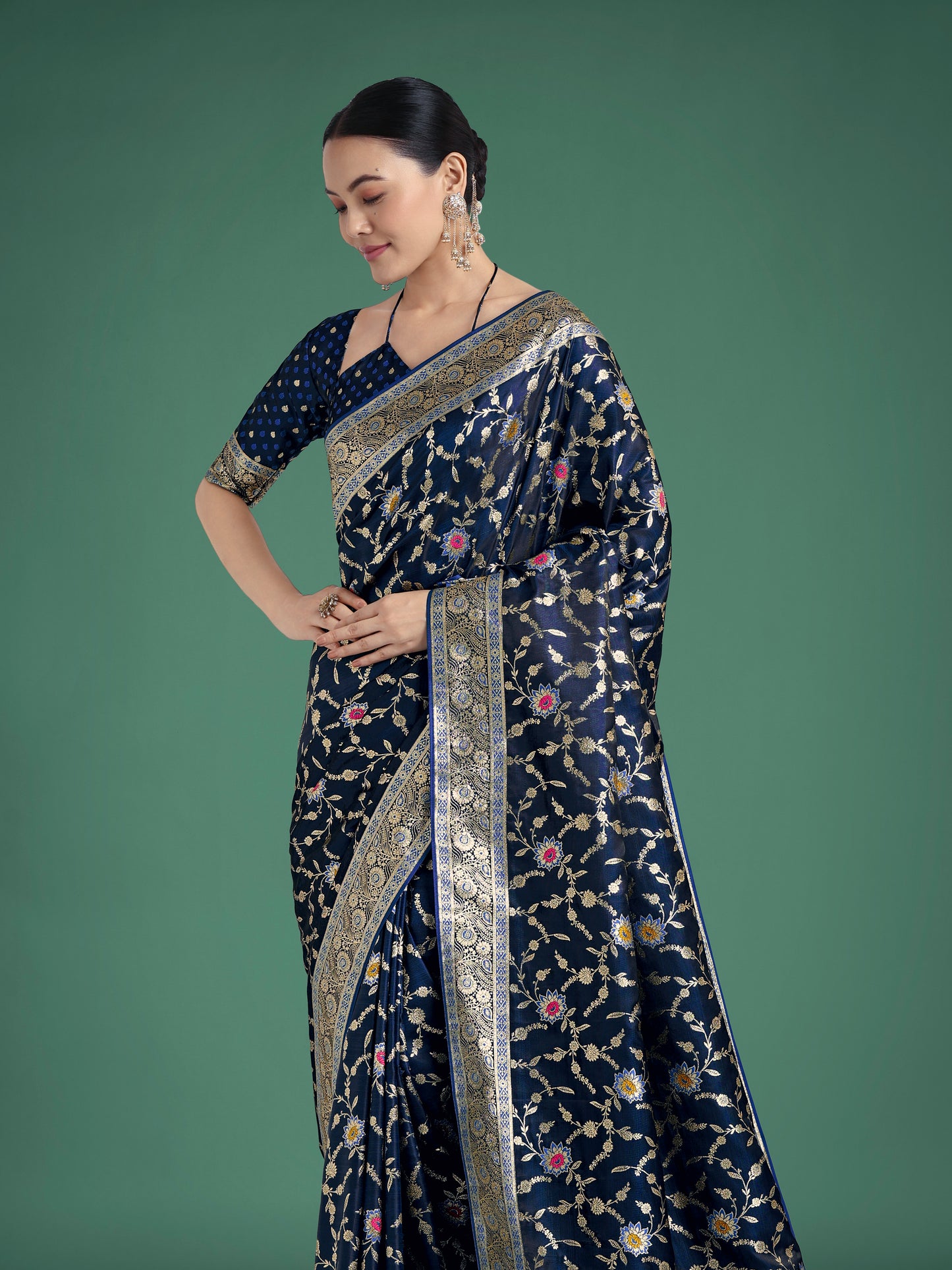 Dhiyona MJ Dark Blue Zari Woven Banarasi Classic Satin Silk Saree