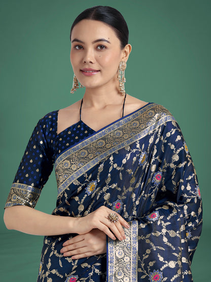 Dhiyona MJ Dark Blue Zari Woven Banarasi Classic Satin Silk Saree