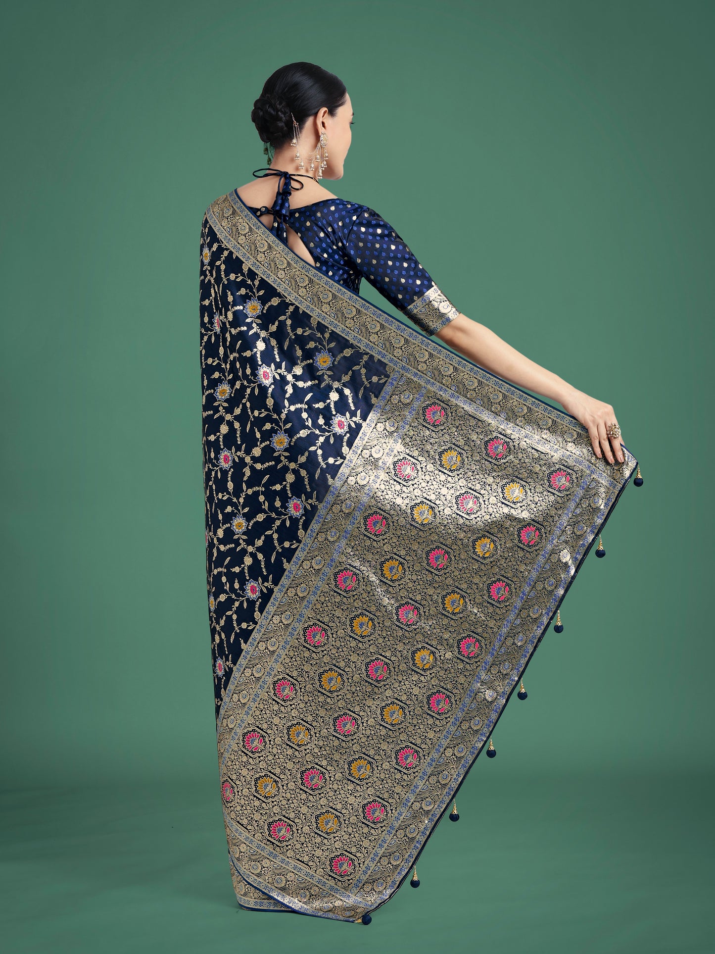 Dhiyona MJ Dark Blue Zari Woven Banarasi Classic Satin Silk Saree