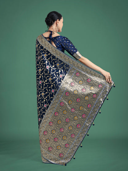 Dhiyona MJ Dark Blue Zari Woven Banarasi Classic Satin Silk Saree