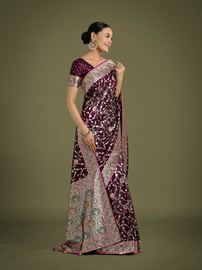 Dhiyona MJ Wine Zari Woven Banarasi Classic Satin Silk Saree