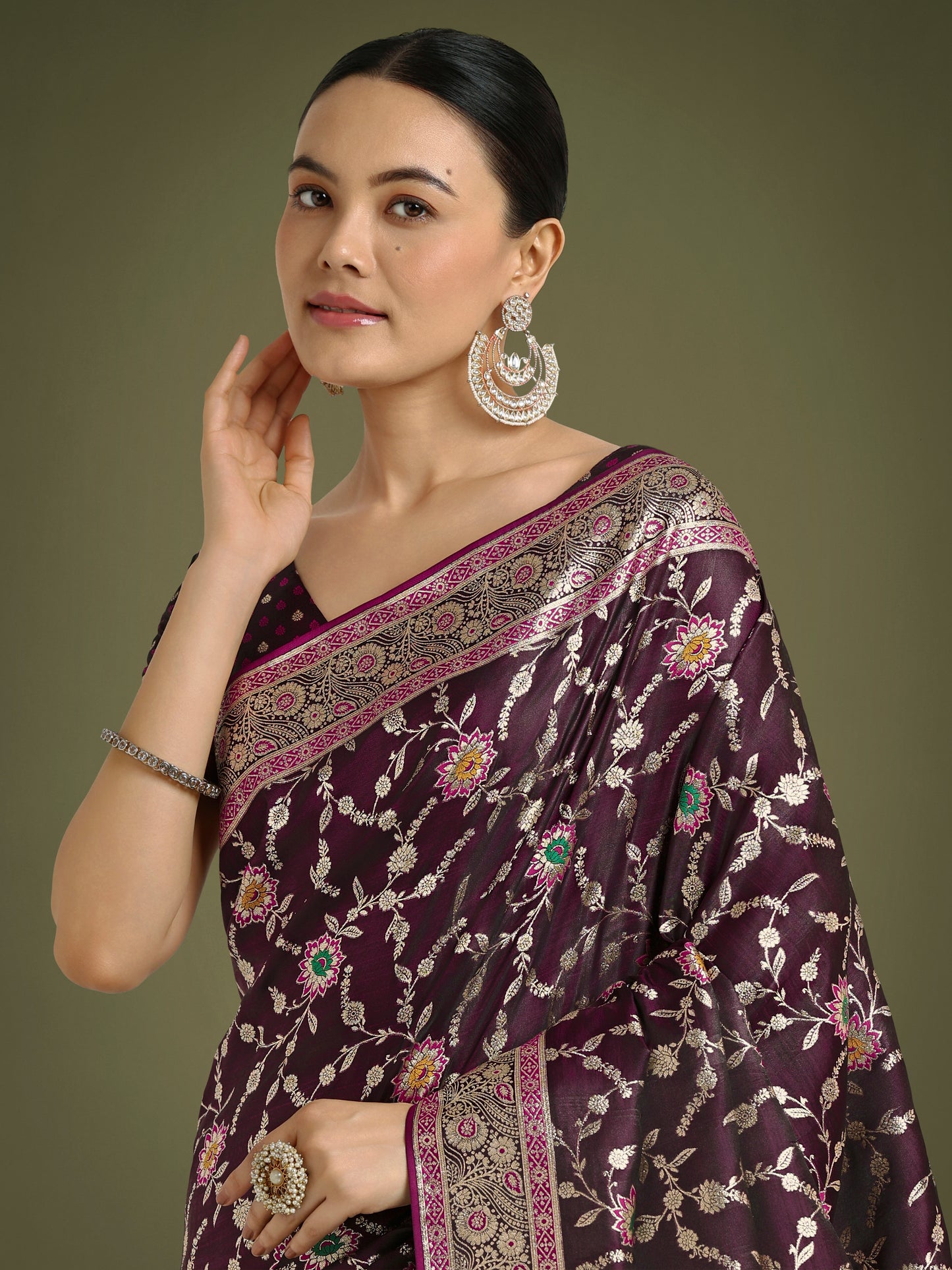 Dhiyona MJ Wine Zari Woven Banarasi Classic Satin Silk Saree