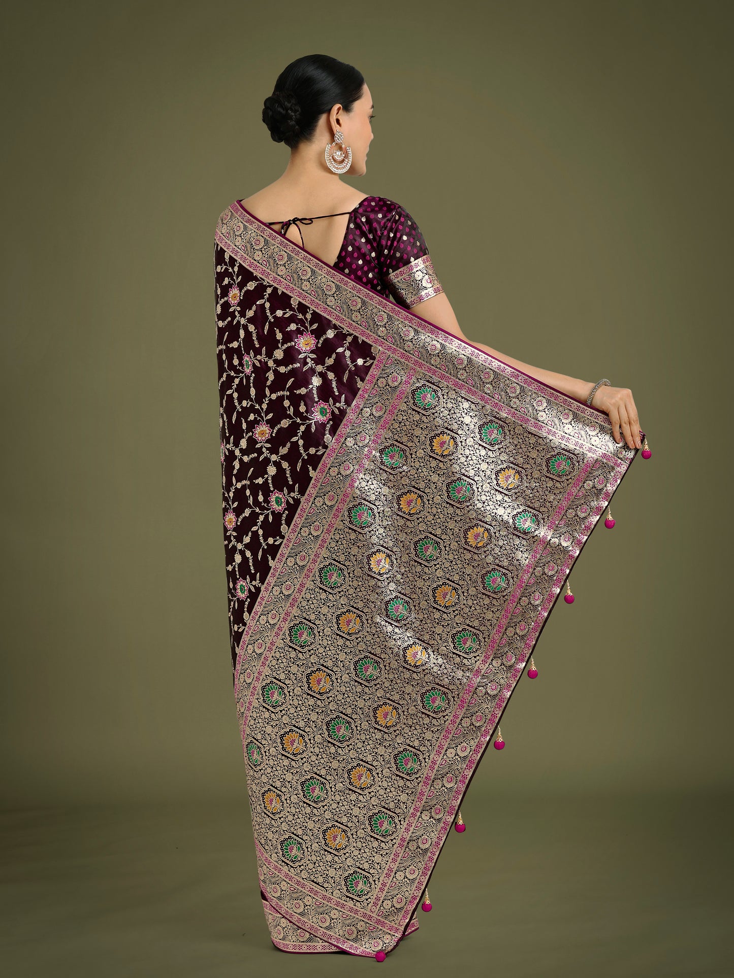 Dhiyona MJ Wine Zari Woven Banarasi Classic Satin Silk Saree