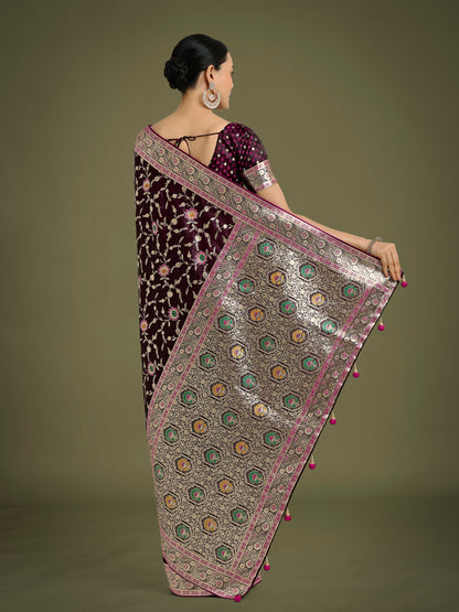 Dhiyona MJ Wine Zari Woven Banarasi Classic Satin Silk Saree