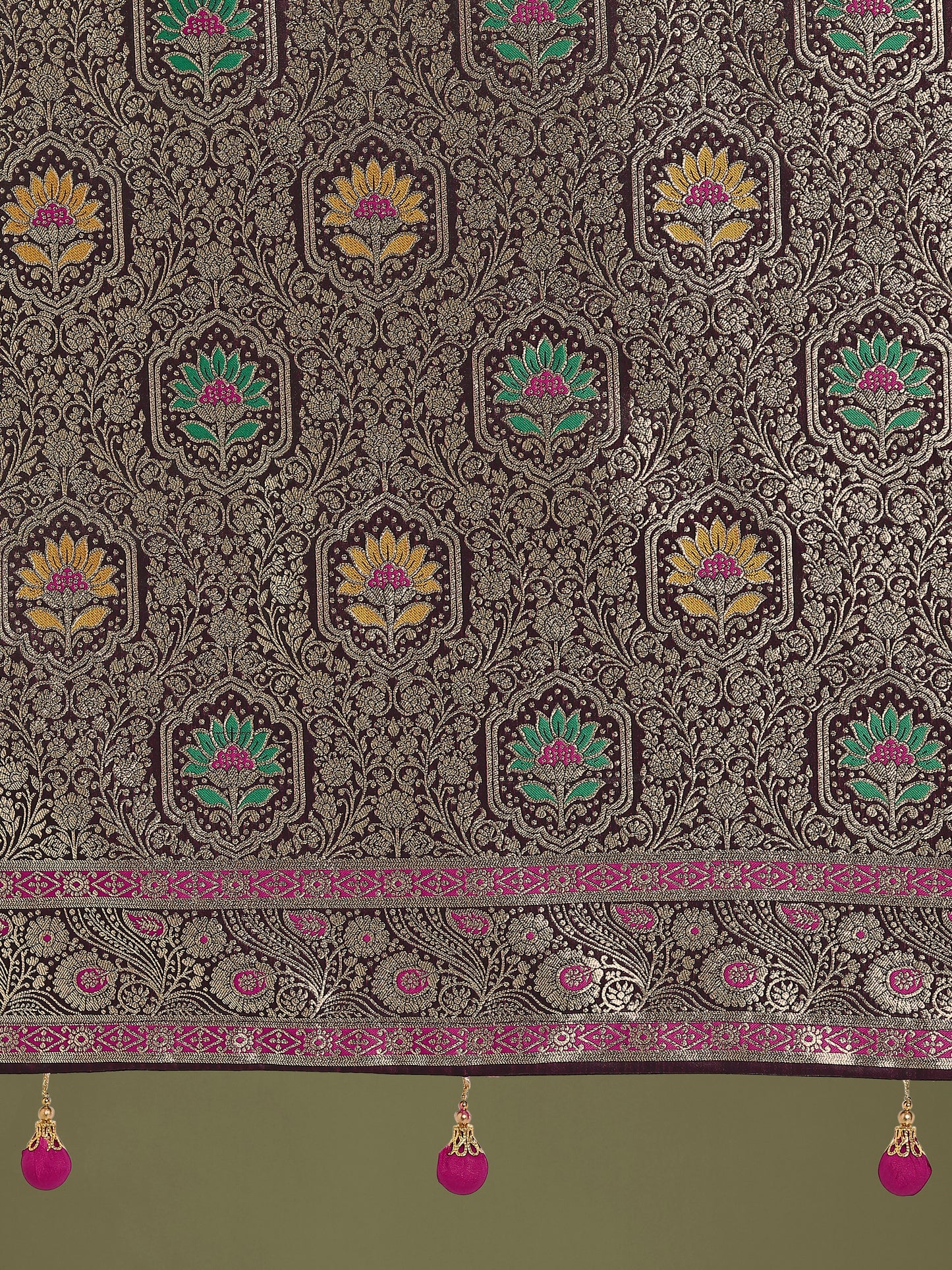 Dhiyona MJ Wine Zari Woven Banarasi Classic Satin Silk Saree