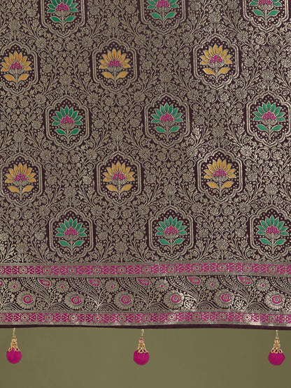 Dhiyona MJ Wine Zari Woven Banarasi Classic Satin Silk Saree