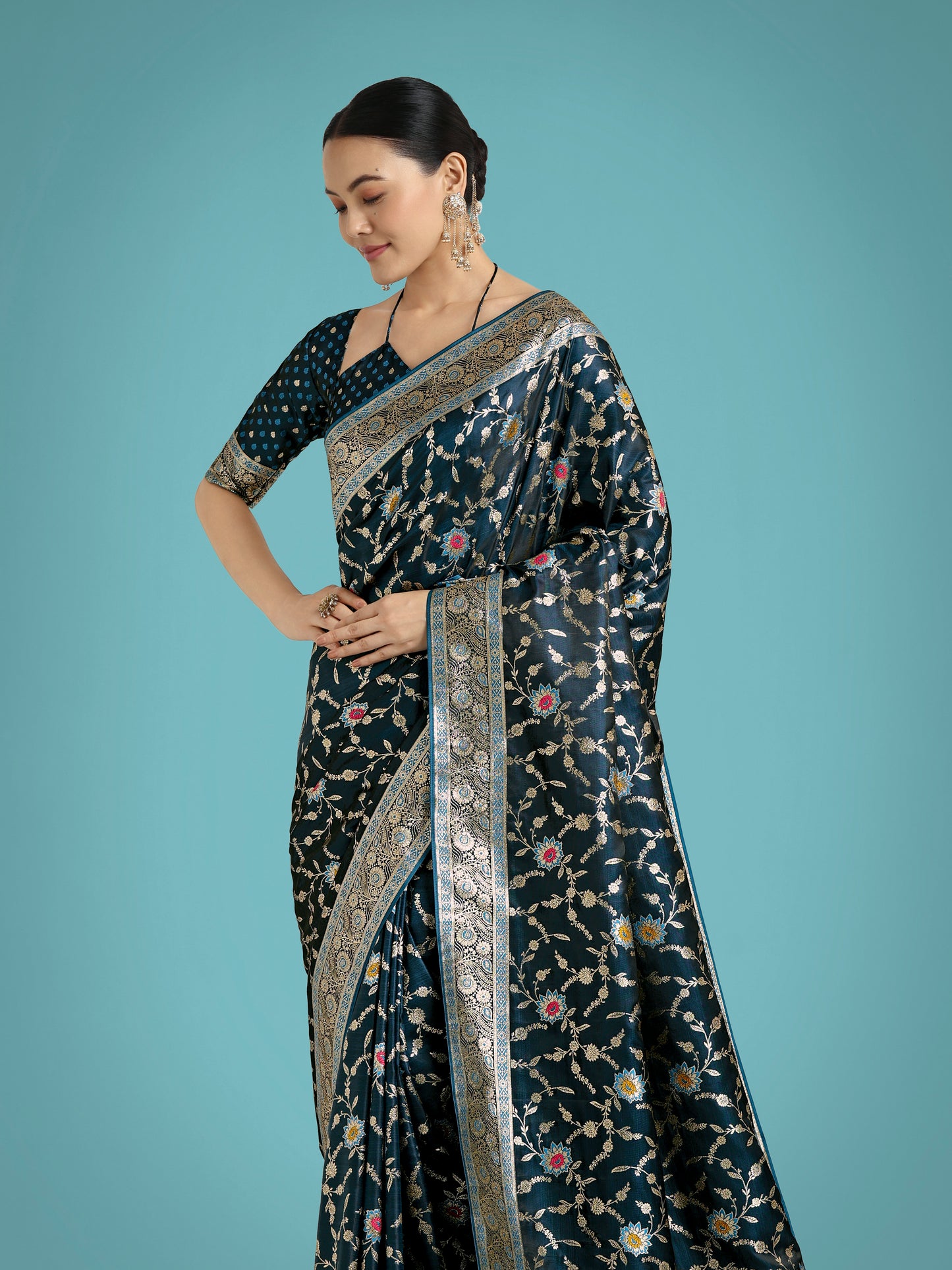 Dhiyona MJ Dark Teal Zari Woven Banarasi Classic Satin Silk Saree