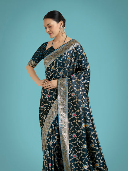 Dhiyona MJ Dark Teal Zari Woven Banarasi Classic Satin Silk Saree