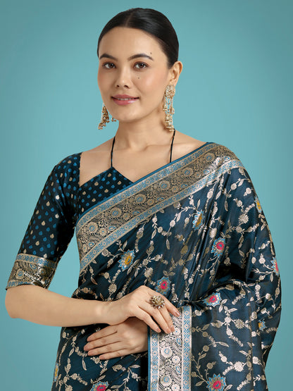 Dhiyona MJ Dark Teal Zari Woven Banarasi Classic Satin Silk Saree