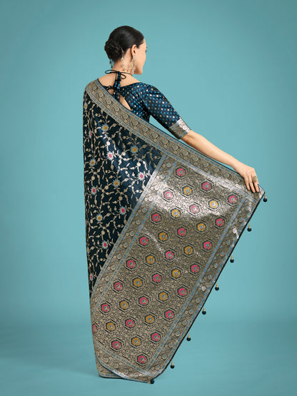 Dhiyona MJ Dark Teal Zari Woven Banarasi Classic Satin Silk Saree