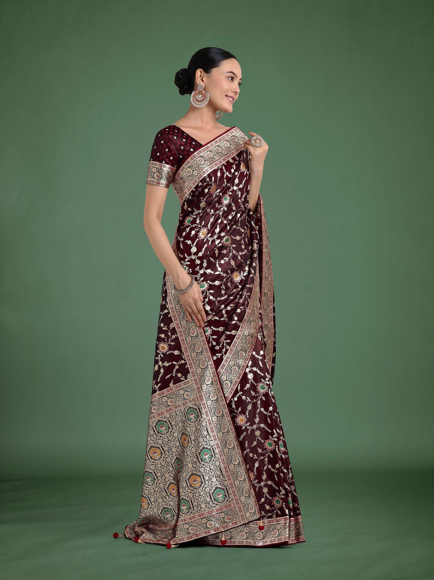 Dhiyona MJ Maroon Zari Woven Banarasi Classic Satin Silk Saree