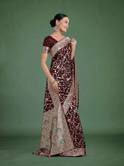 Dhiyona MJ Maroon Zari Woven Banarasi Classic Satin Silk Saree