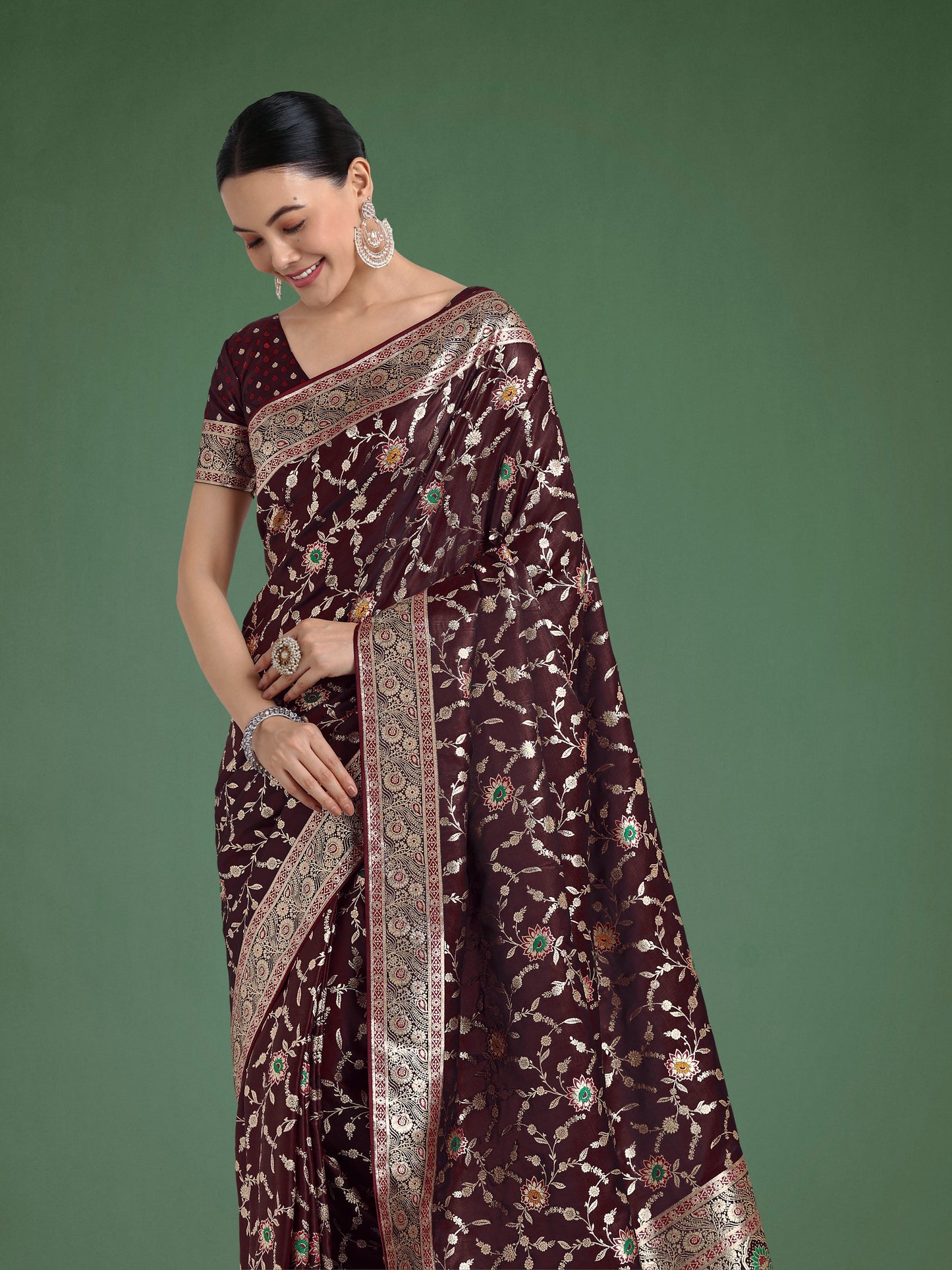 Dhiyona MJ Maroon Zari Woven Banarasi Classic Satin Silk Saree