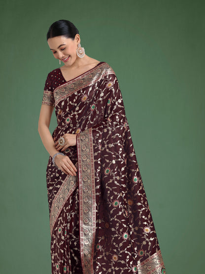 Dhiyona MJ Maroon Zari Woven Banarasi Classic Satin Silk Saree