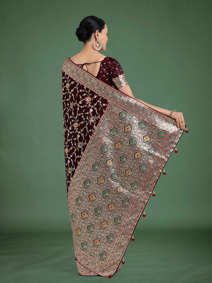 Dhiyona MJ Maroon Zari Woven Banarasi Classic Satin Silk Saree