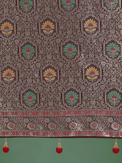 Dhiyona MJ Maroon Zari Woven Banarasi Classic Satin Silk Saree