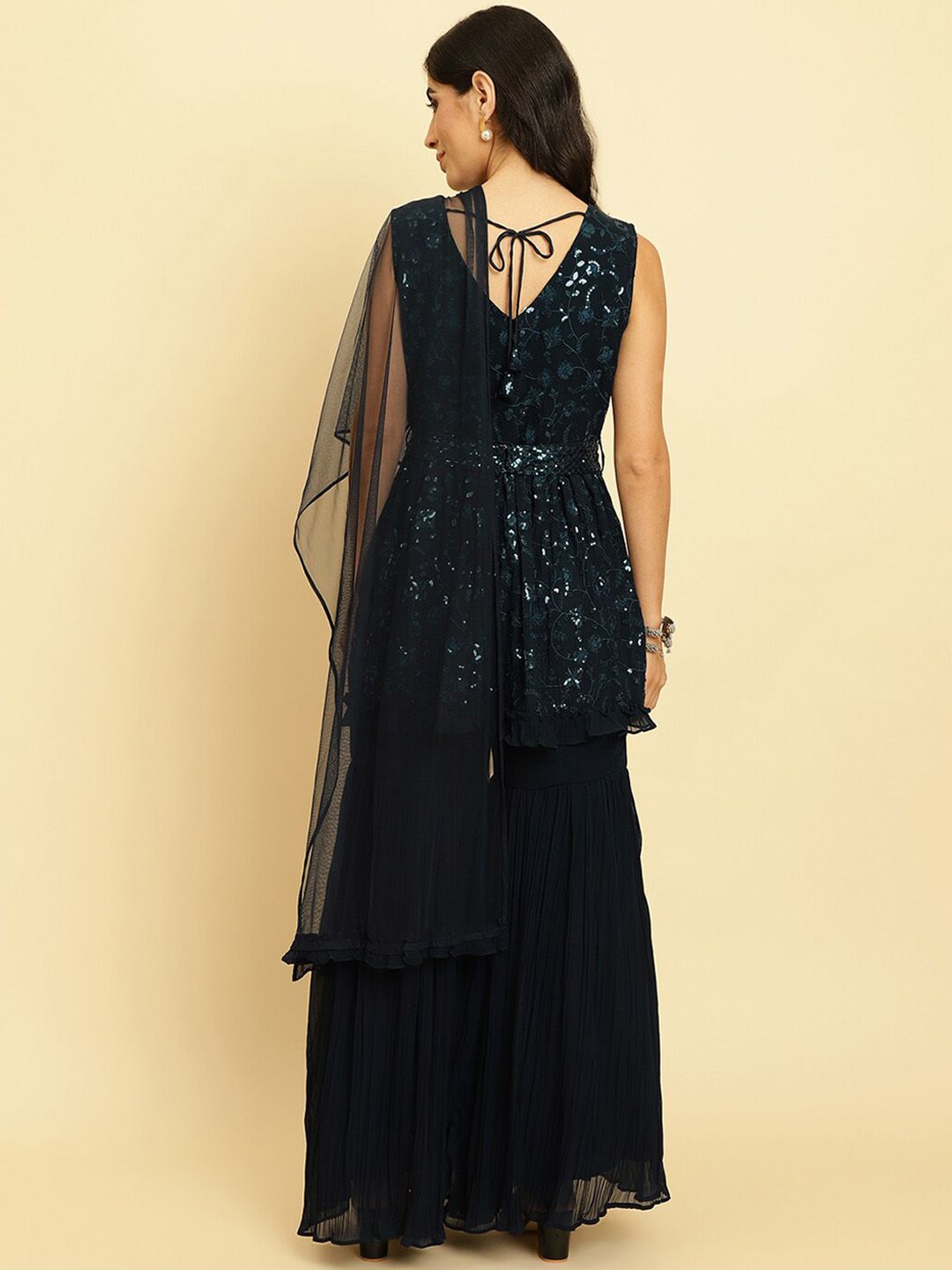 Dhiyona VA Floral Embroidered Empire Sequinned Silk Georgette Kurta With Sharara & Dupatta