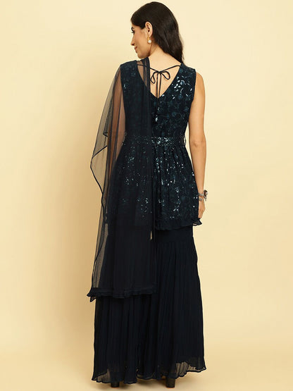 Dhiyona VA Floral Embroidered Empire Sequinned Silk Georgette Kurta With Sharara & Dupatta