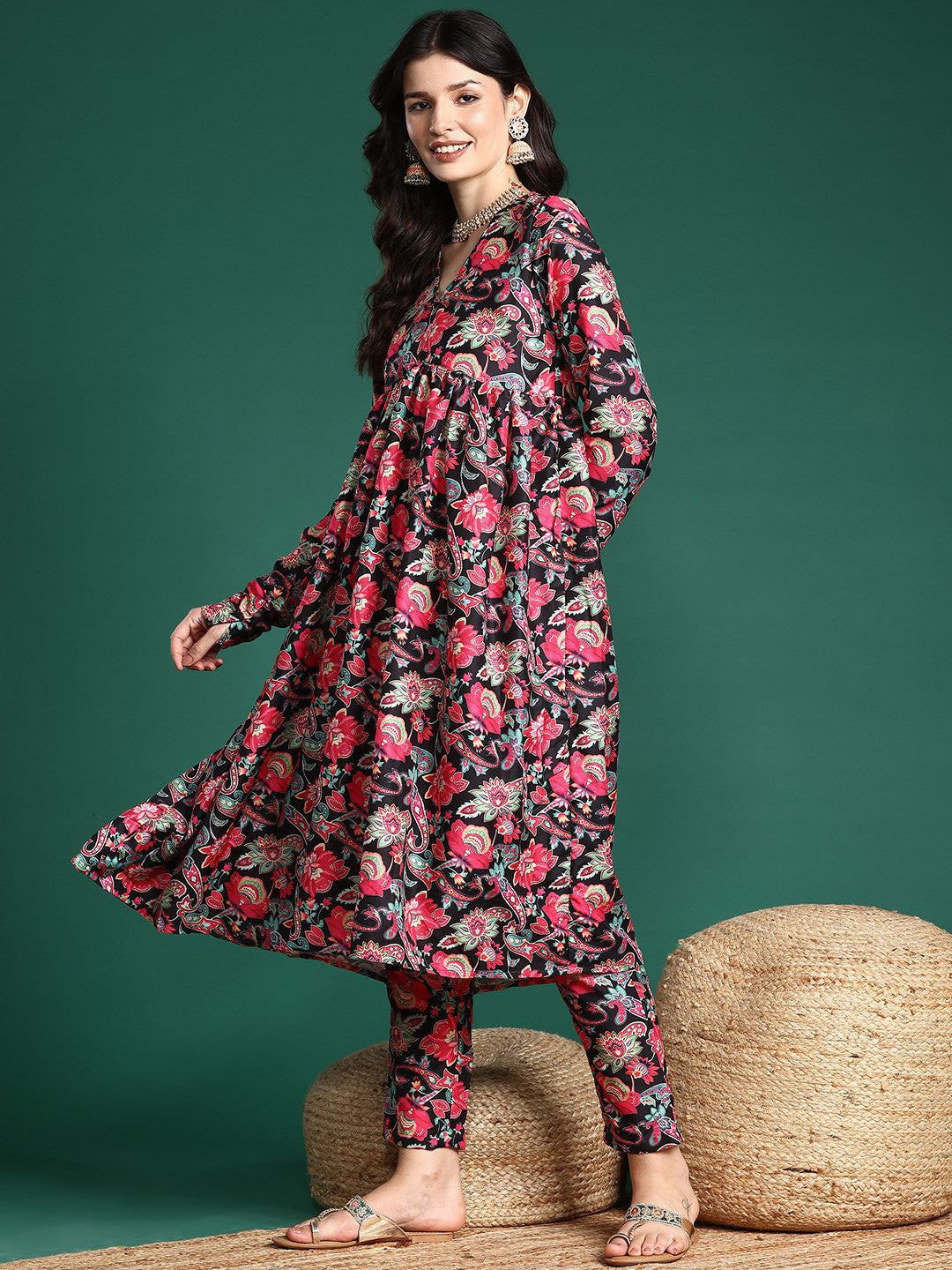 Ethnic Motifs Lurex Printed Layered Kurta Set
