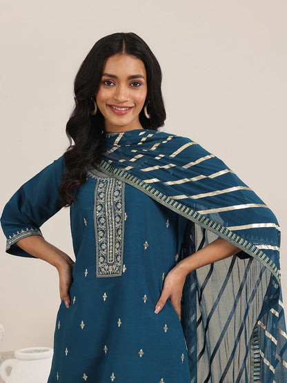 Blue Round Neck Floral Zari Embroidered A-Line Kurta With Trouser And Dupatta