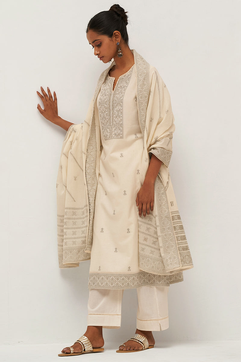 Women's Gardenia Cream Woven Cotton Salwar Suit With Hand Embellishment