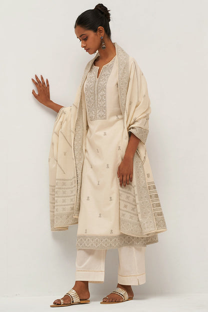 Women's Gardenia Cream Woven Cotton Salwar Suit With Hand Embellishment