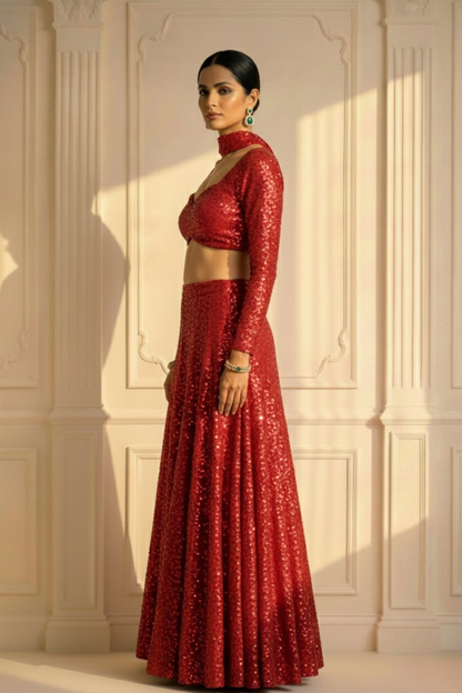 Dhiyona ST 3 pc Set - Diva Maroon Sequin Lehenga with Dupatta with Blouse Fabric