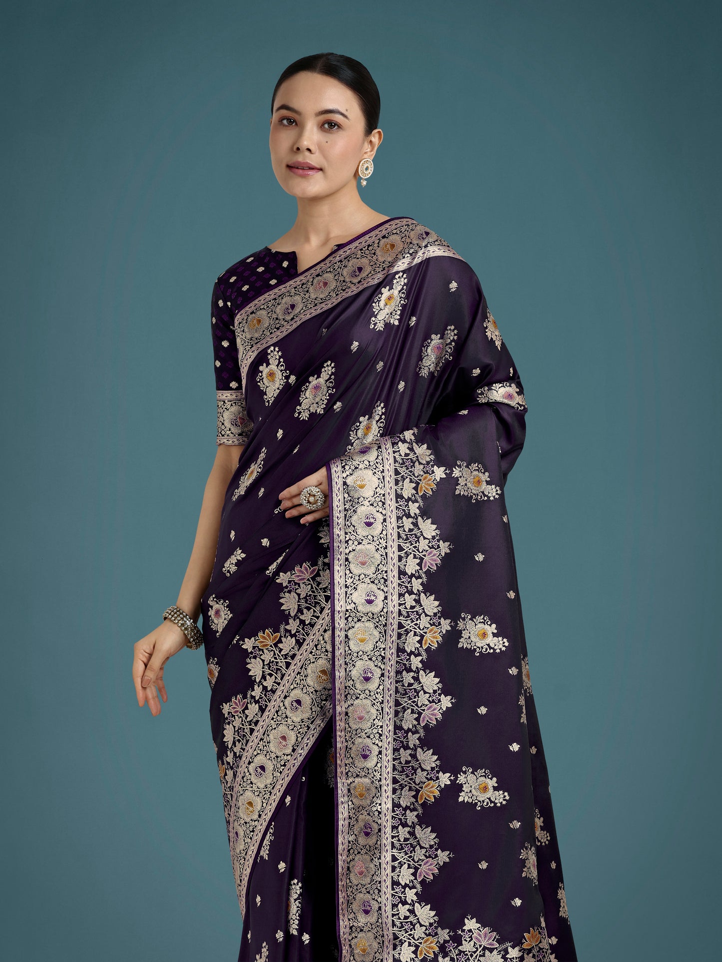 Dhiyona MJ Dark Purple Glamour and Tradition With This Zari Woven Banarasi Satin Silk Saree