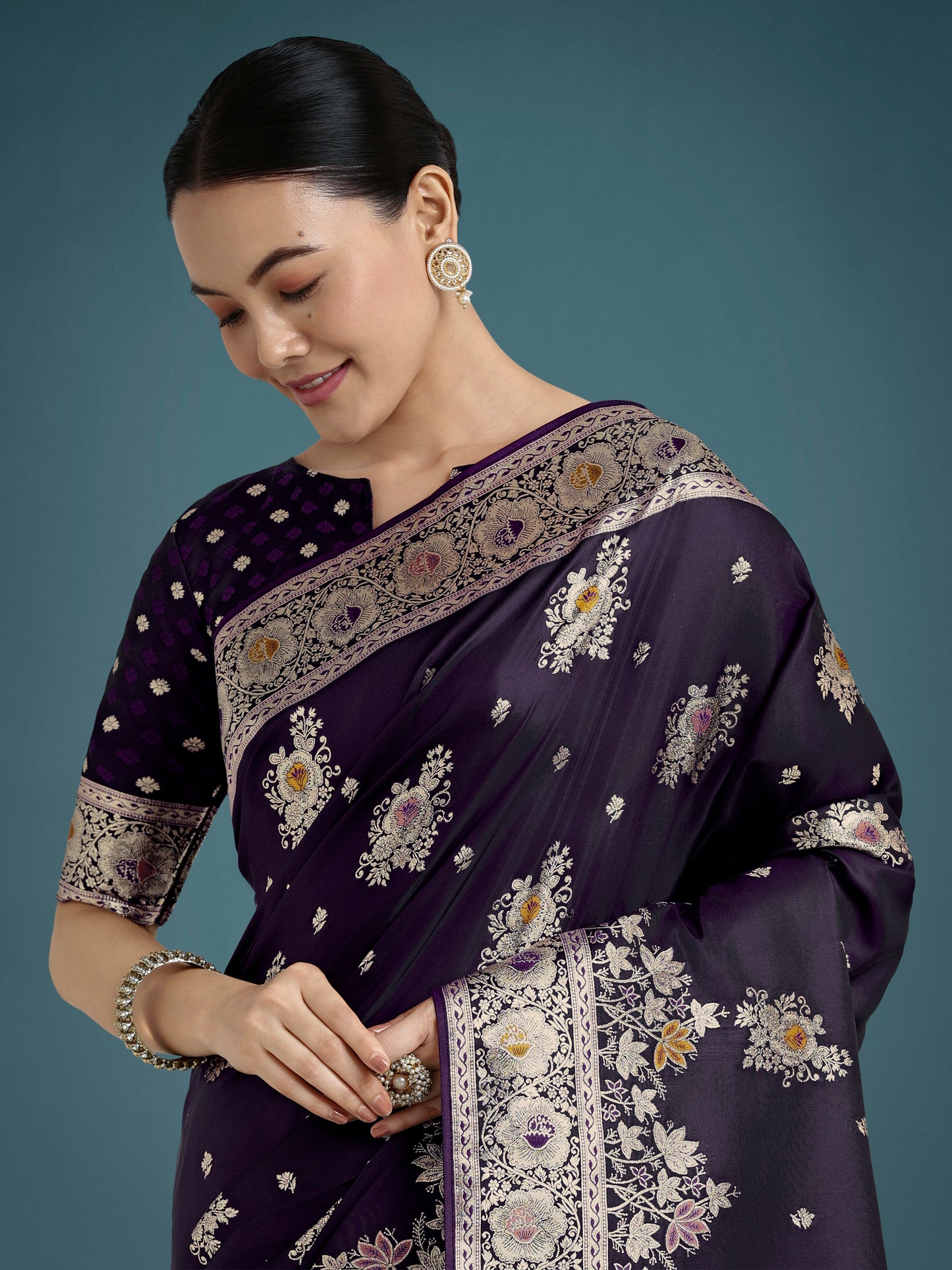 Dhiyona MJ Dark Purple Glamour and Tradition With This Zari Woven Banarasi Satin Silk Saree