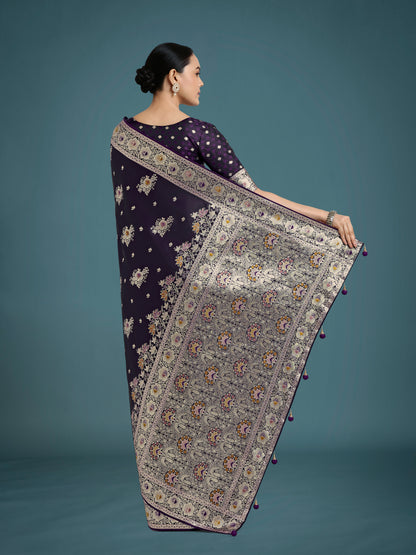 Dhiyona MJ Dark Purple Glamour and Tradition With This Zari Woven Banarasi Satin Silk Saree