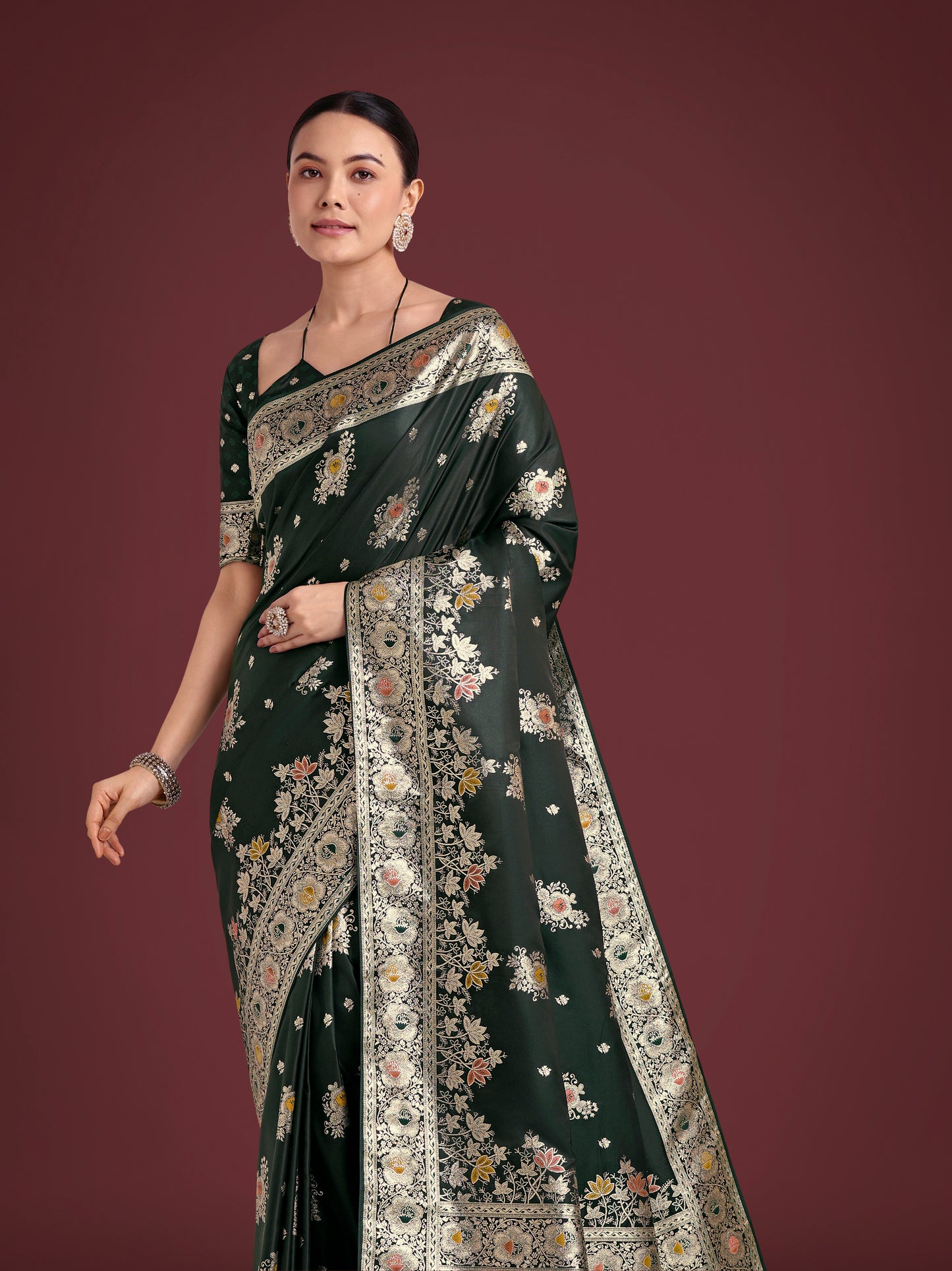 Dhiyona MJ Dark Green Glamour and Tradition With This Zari Woven Banarasi Satin Silk Saree