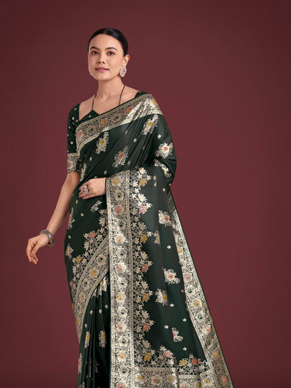 Dhiyona MJ Dark Green Glamour and Tradition With This Zari Woven Banarasi Satin Silk Saree