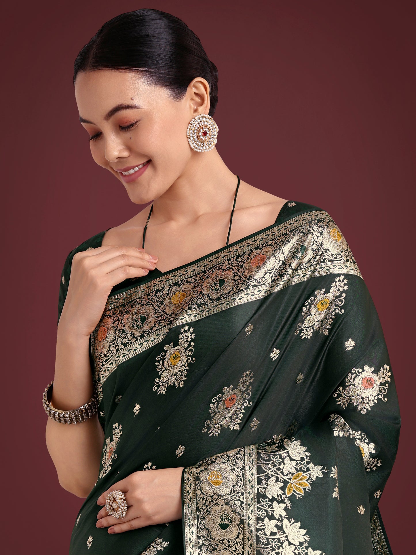 Dhiyona MJ Dark Green Glamour and Tradition With This Zari Woven Banarasi Satin Silk Saree