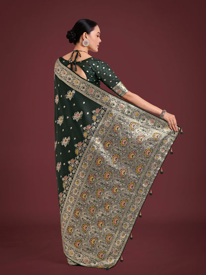 Dhiyona MJ Dark Green Glamour and Tradition With This Zari Woven Banarasi Satin Silk Saree