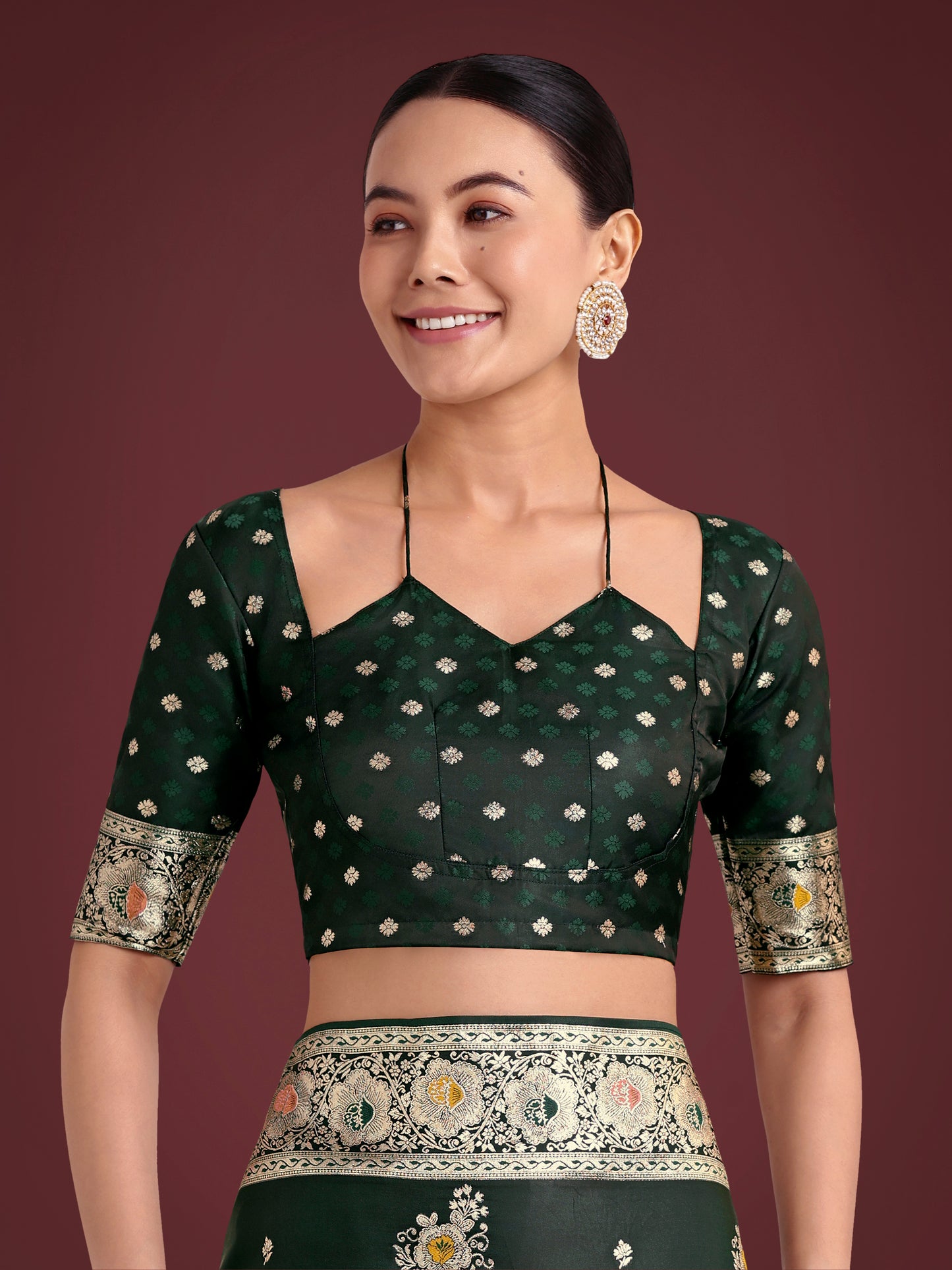 Dhiyona MJ Dark Green Glamour and Tradition With This Zari Woven Banarasi Satin Silk Saree