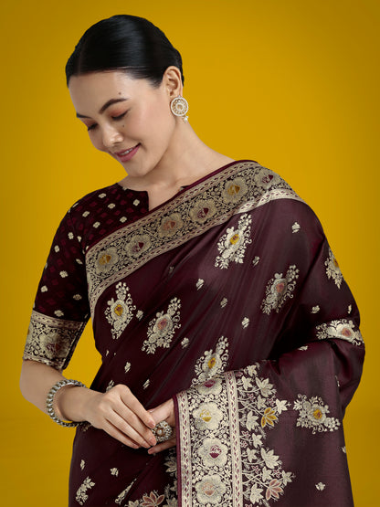 Dhiyona MJ Dark Maroon Glamour and Tradition With This Zari Woven Banarasi Satin Silk Saree