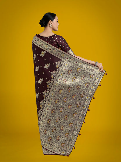 Dhiyona MJ Dark Maroon Glamour and Tradition With This Zari Woven Banarasi Satin Silk Saree