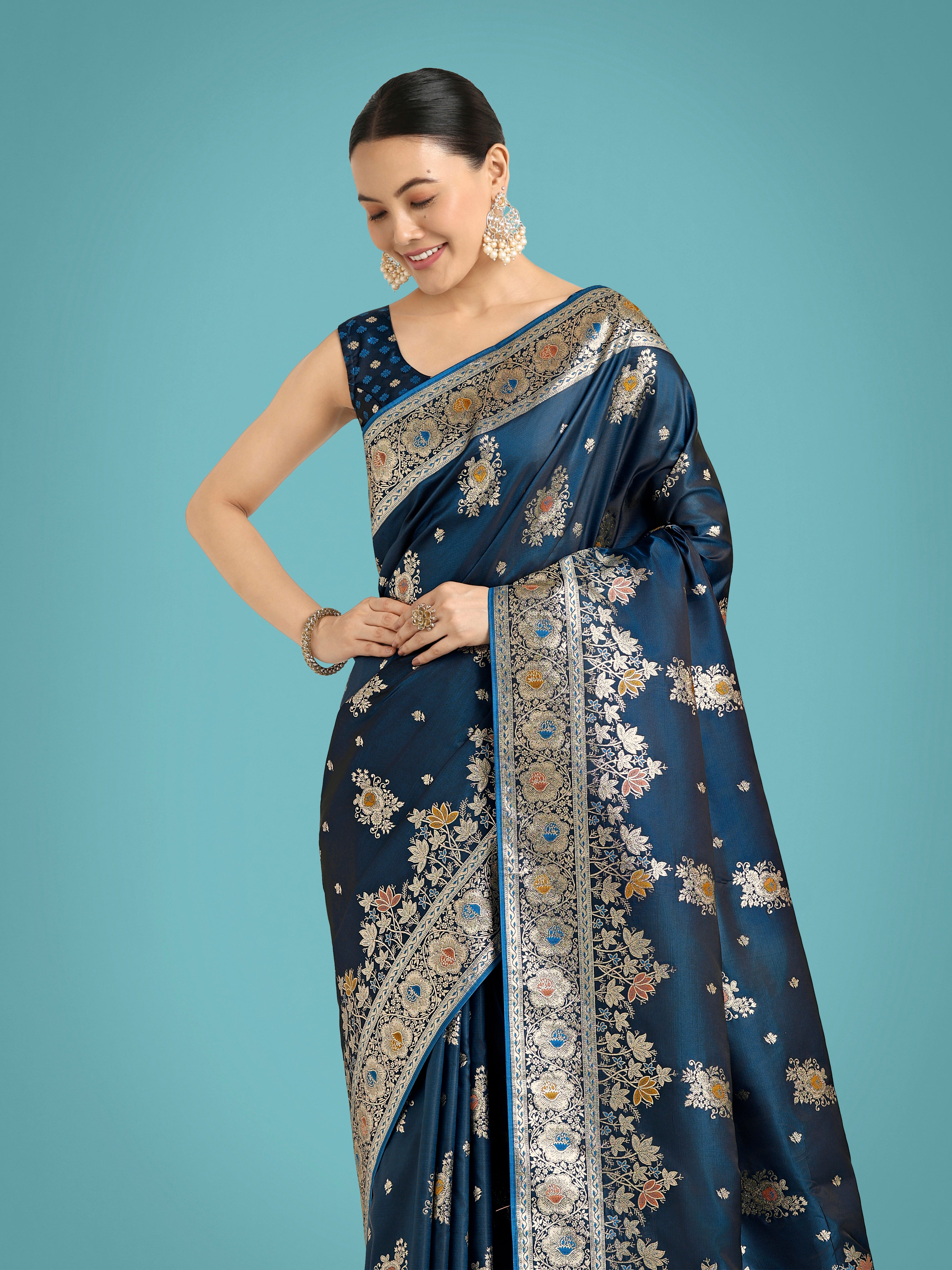 Dhiyona MJ Dark Teal Glamour and Tradition With This Zari Woven Banarasi Satin Silk Saree