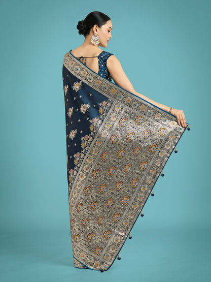 Dhiyona MJ Dark Teal Glamour and Tradition With This Zari Woven Banarasi Satin Silk Saree