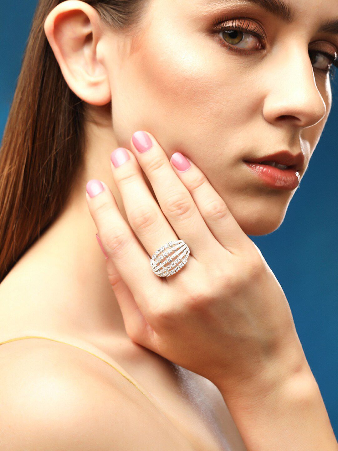Dhiyona RJ Women's Silver-Plated AD Studded Adjustable Finger Ring
