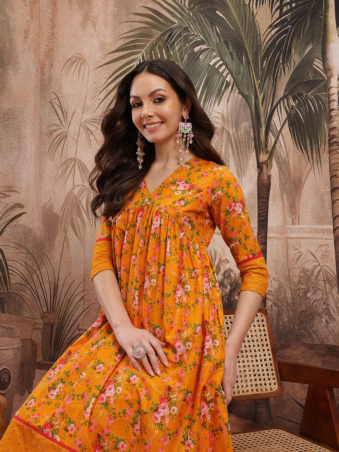 Floral Printed Empire Schiffli Cotton Kurta with Trousers