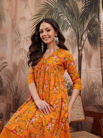Floral Printed Empire Schiffli Cotton Kurta with Trousers