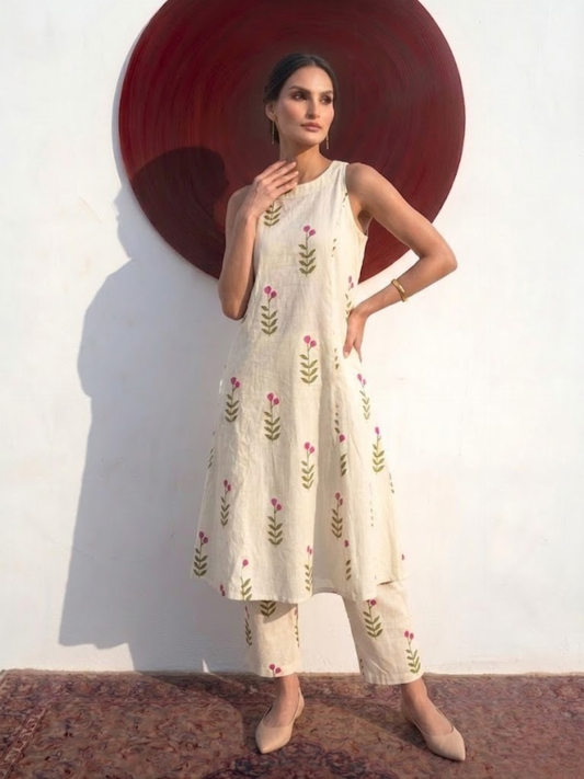Dhiyona ST 2 pc SET - Floral White Printed Cotton Cambric Sleeveless Kurta and Pant